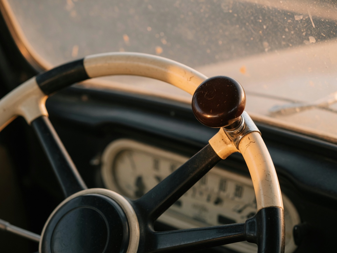 Vintage automobile steering wheel with a round spinner knob mounted on the rim