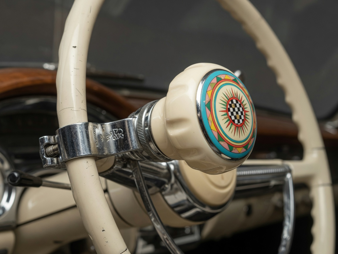 Decorative mid-century spinner knob mounted on a chrome-rimmed steering wheel